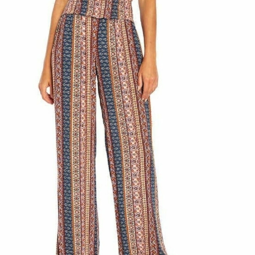 Three Dots Blue and Red Patterned Wide-Leg Pants